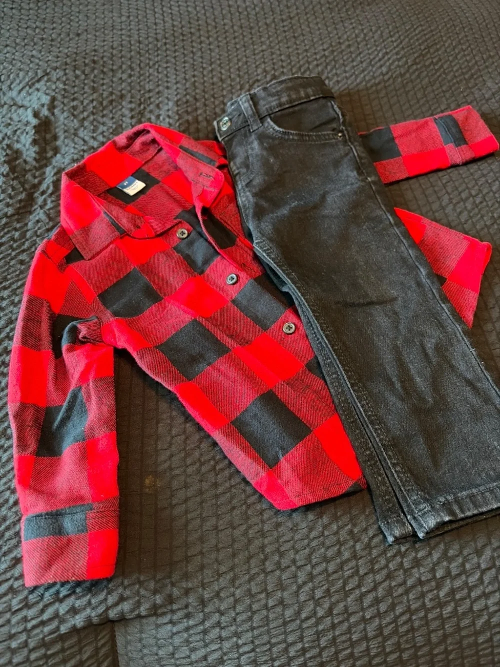 Toddler boy plaid button down and black jeans